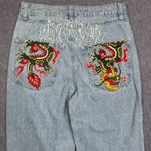 NINTH AMBUSH HALL Jeans Dragon Embroidered Light Wash Denim Pants Wiskerd 30x27‎